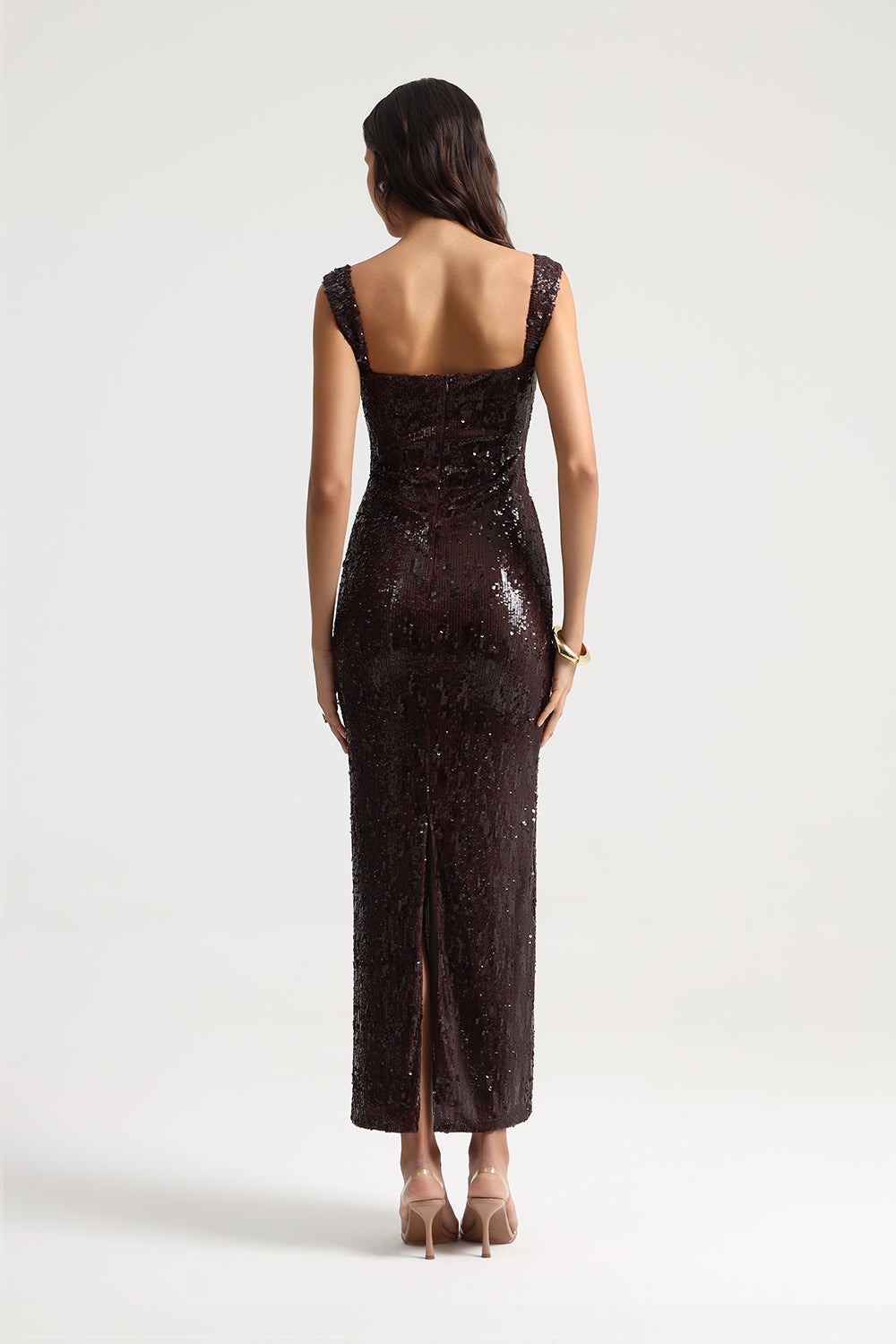 Celina Kahverengi Maxi Payet Elbise - 3