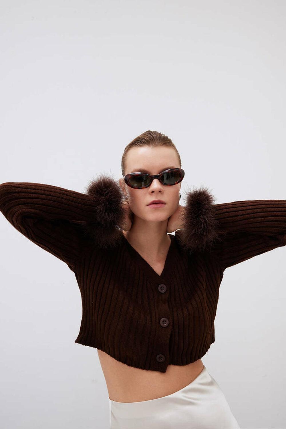 Mozto-Faye Brown Feathered Cardigan-Kazak & Triko-4-Milagron.com