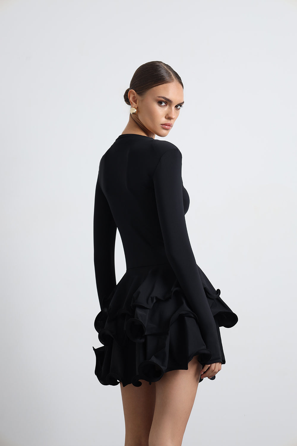 Julisse Siyah Uzun Kollu Misinalı Mini Elbise - 8