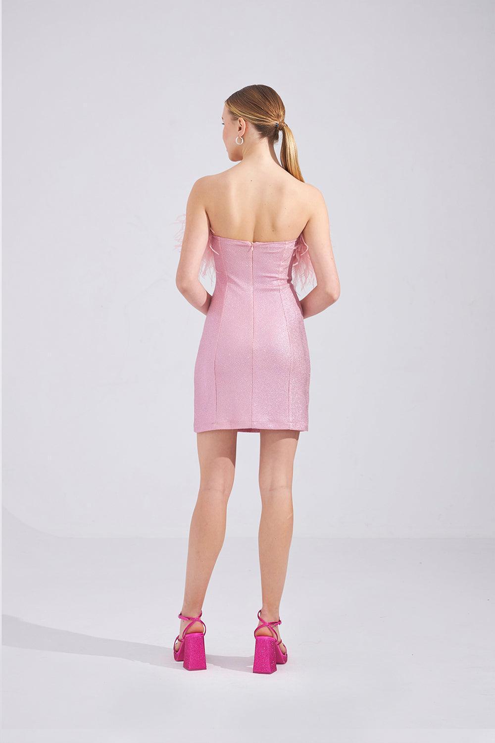 Mozto-Liana Tüylü Pembe Mini Elbise-Elbise-3-Milagron.com