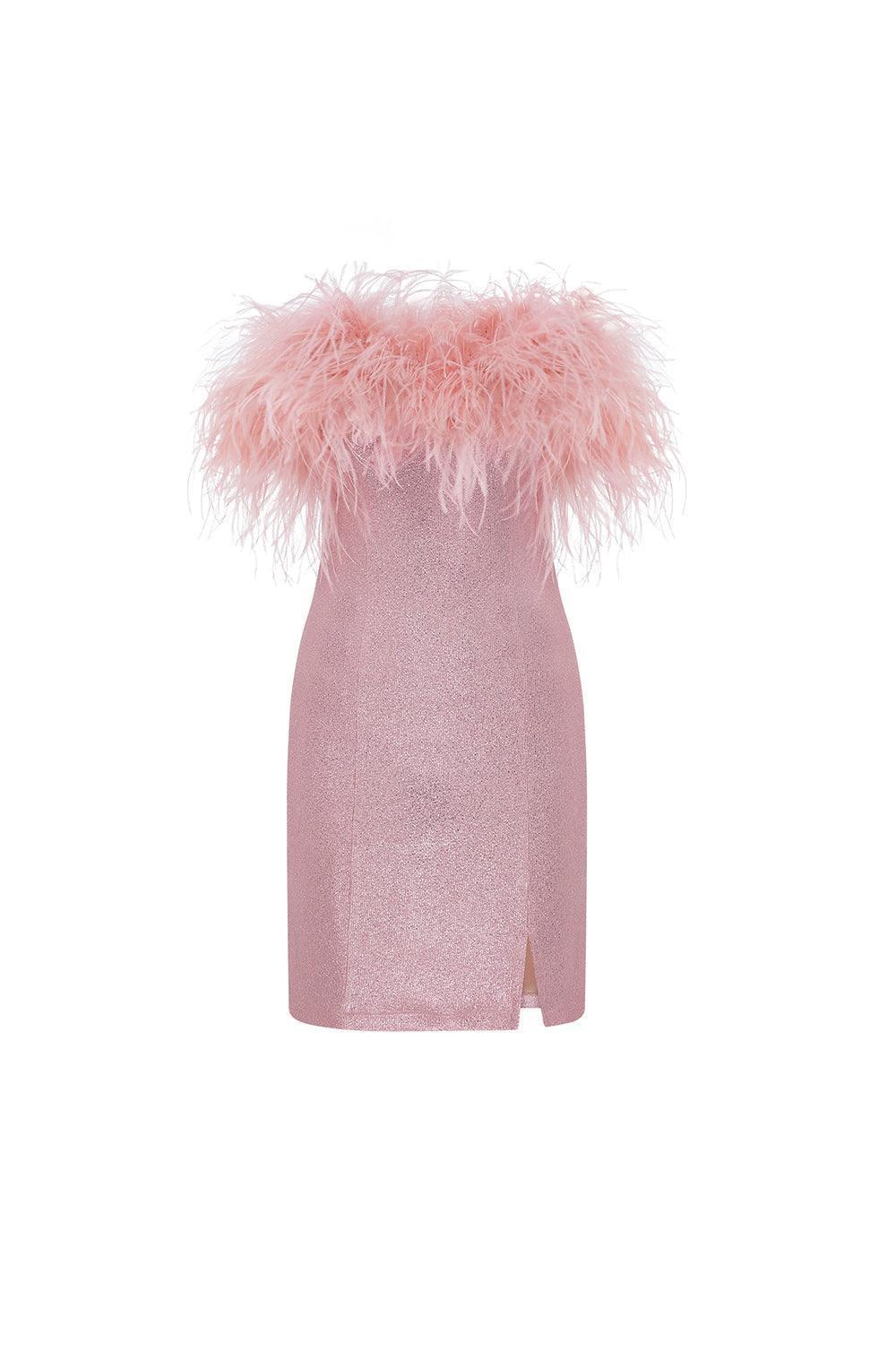 Mozto-Liana Tüylü Pembe Mini Elbise-Elbise-5-Milagron.com