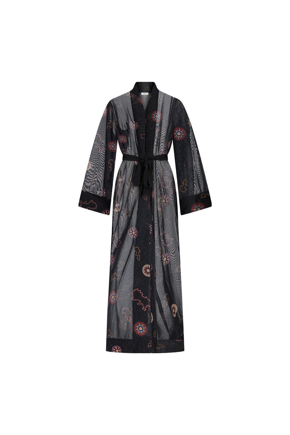 Mozto-Madelyn Güneş Baskılı Siyah Tül Kimono-Kimono-1-Milagron.com