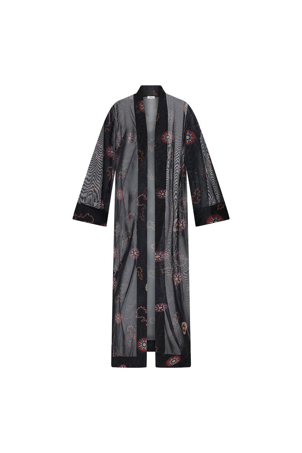 Mozto-Madelyn Güneş Baskılı Siyah Tül Kimono-Kimono-2-Milagron.com