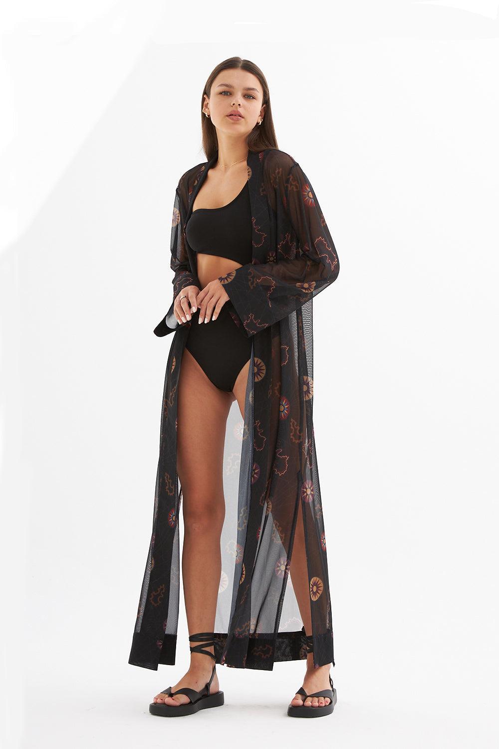 Mozto-Madelyn Güneş Baskılı Siyah Tül Kimono-Kimono-3-Milagron.com