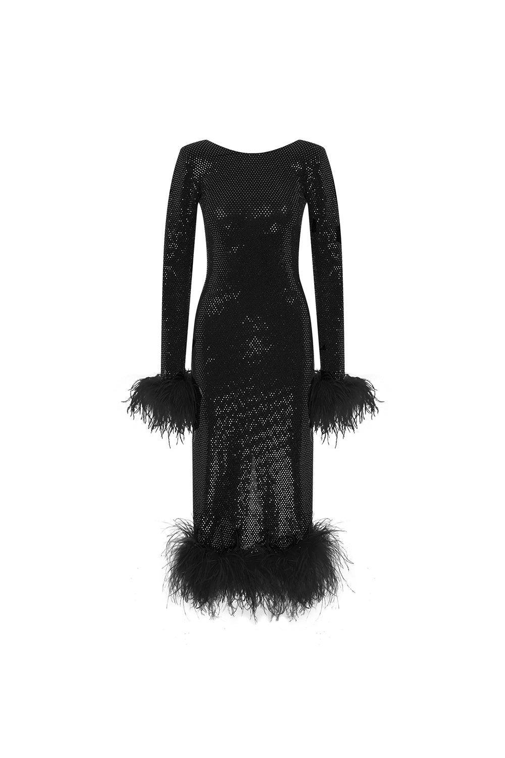 Mozto-Patrice Tüylü Siyah Midi Elbise-Elbise-1-Milagron.com