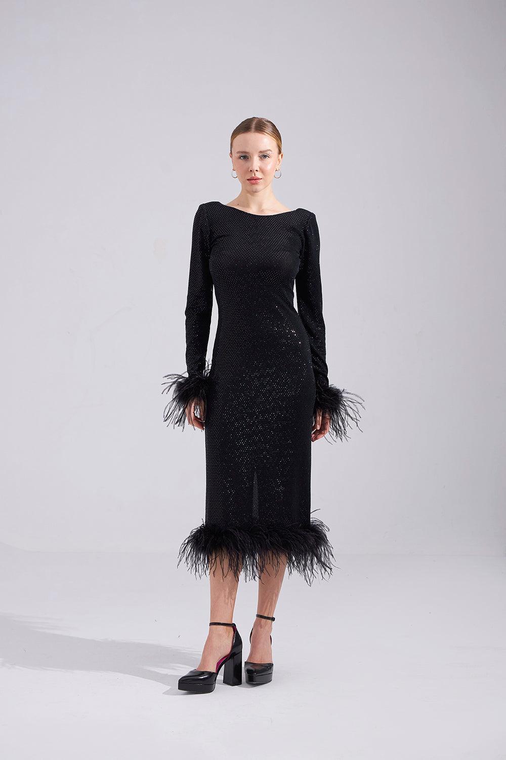 Mozto-Patrice Tüylü Siyah Midi Elbise-Elbise-2-Milagron.com