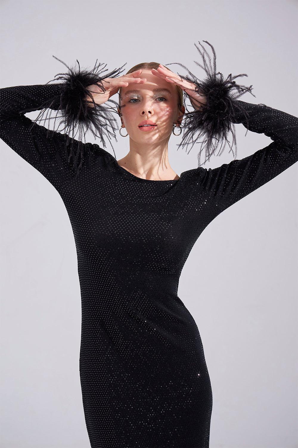 Mozto-Patrice Tüylü Siyah Midi Elbise-Elbise-3-Milagron.com