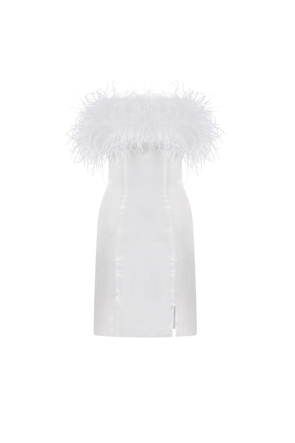 Mozto-SORUNLU - Liana Tüylü Beyaz Mini Elbise-Elbise-1-Milagron.com