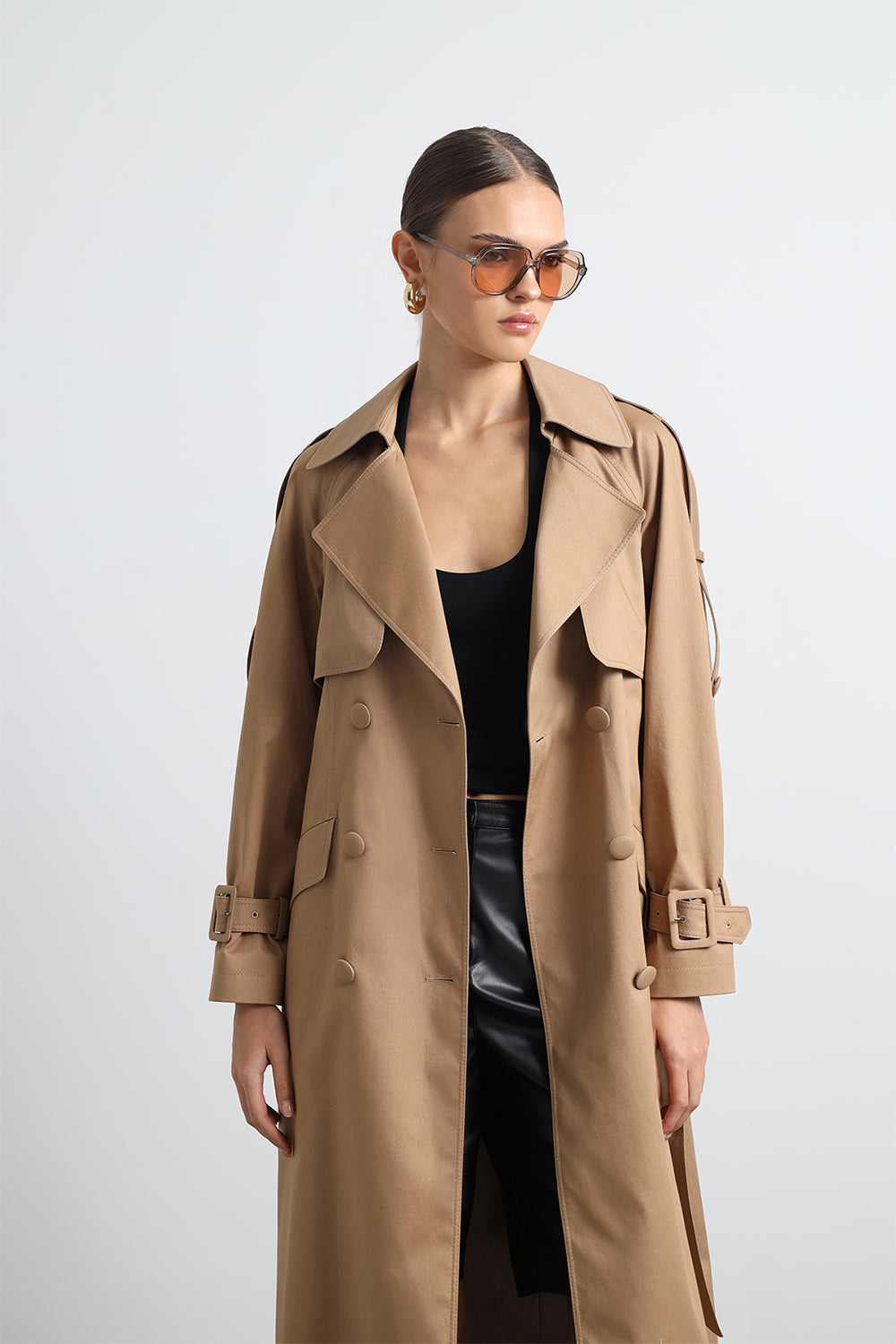 Savrin Camel Kuşaklı Apoletli Maxi Trençkot - 4