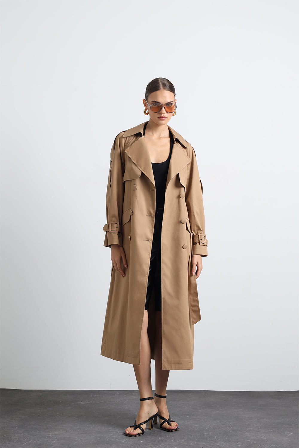 Savrin Camel Kuşaklı Apoletli Maxi Trençkot - 6