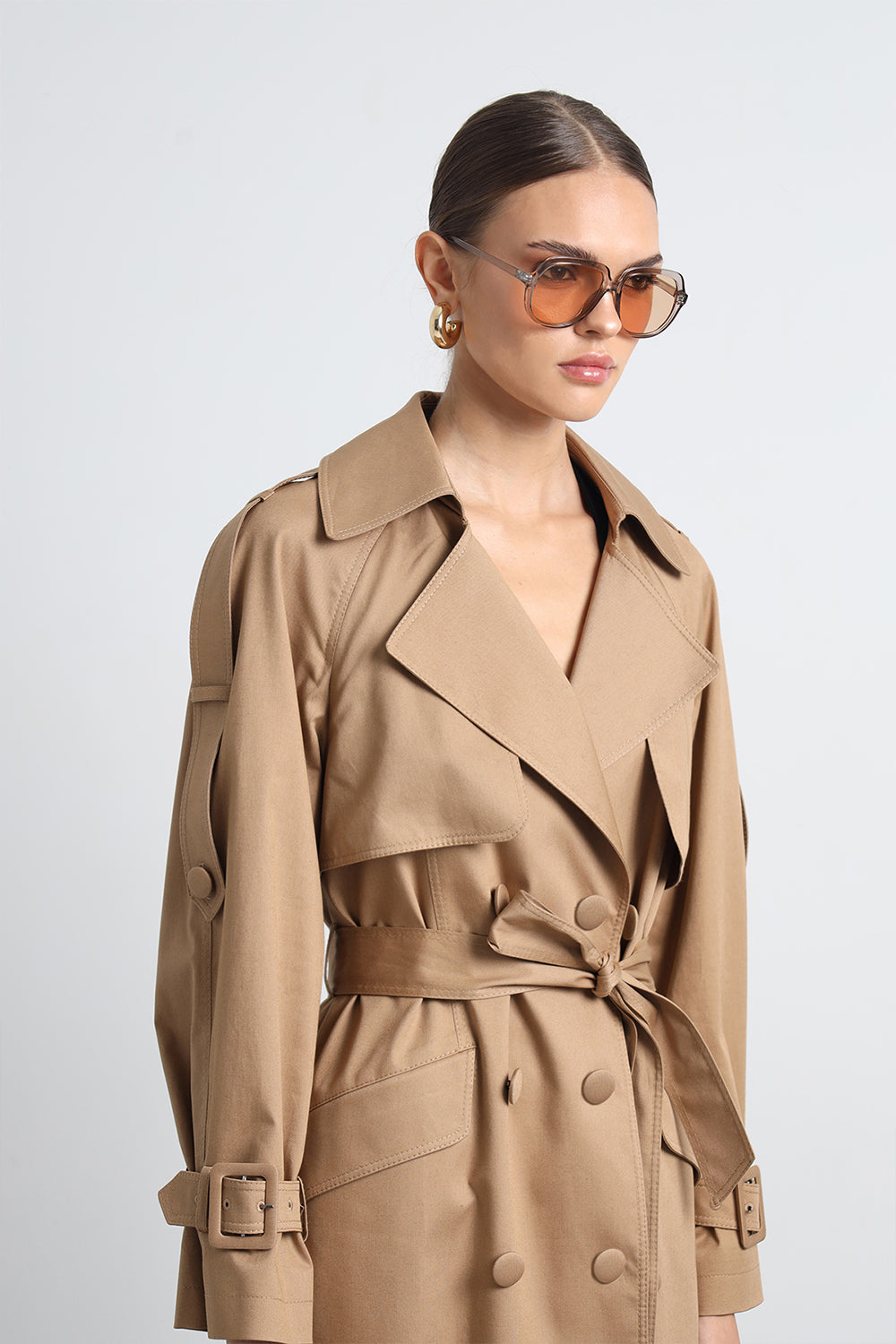 Savrin Camel Kuşaklı Apoletli Maxi Trençkot - 8