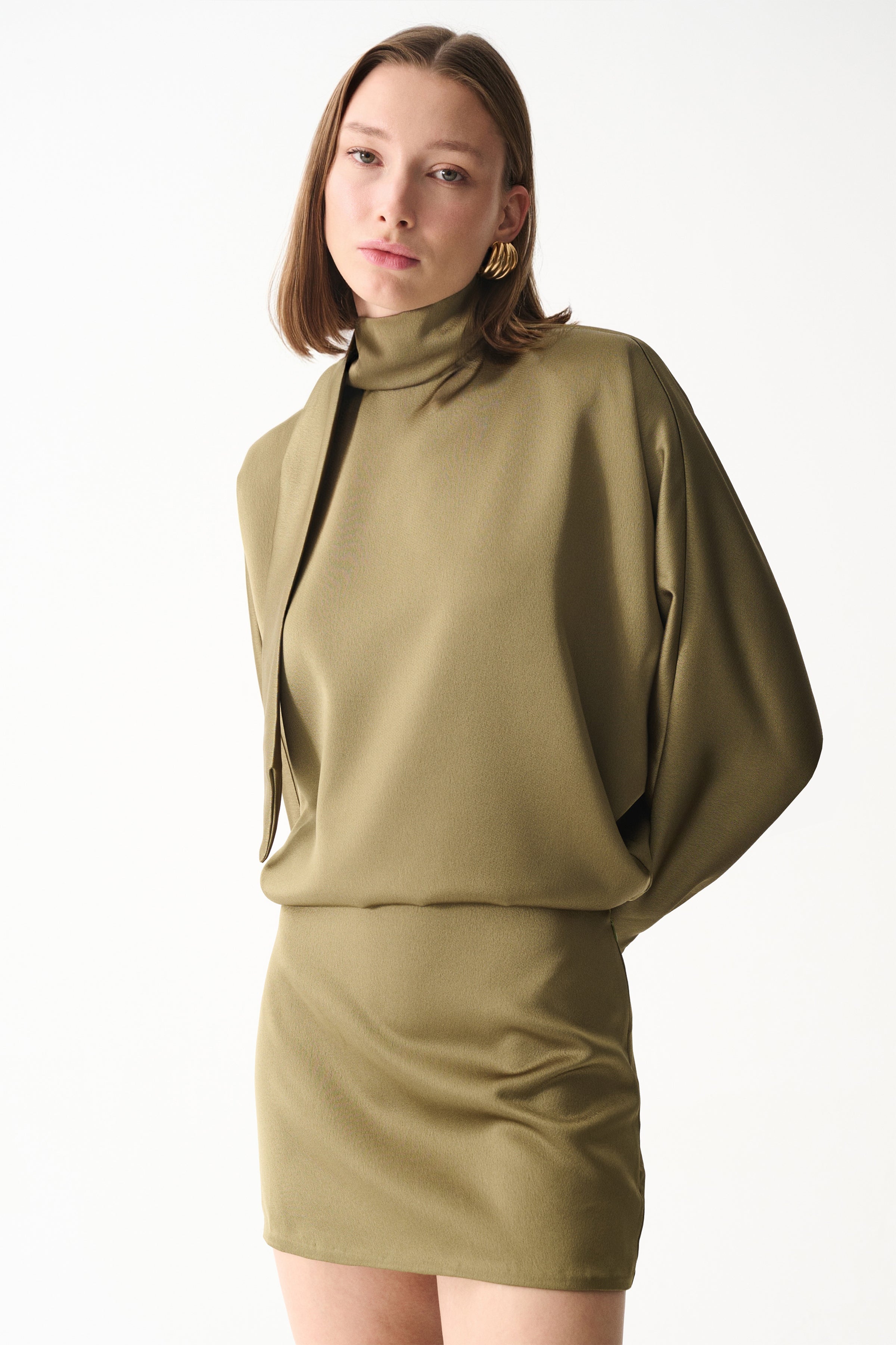 Naia-Amore Saten Elbise / Zeytin Yeşili-Elbise-5-Milagron.com