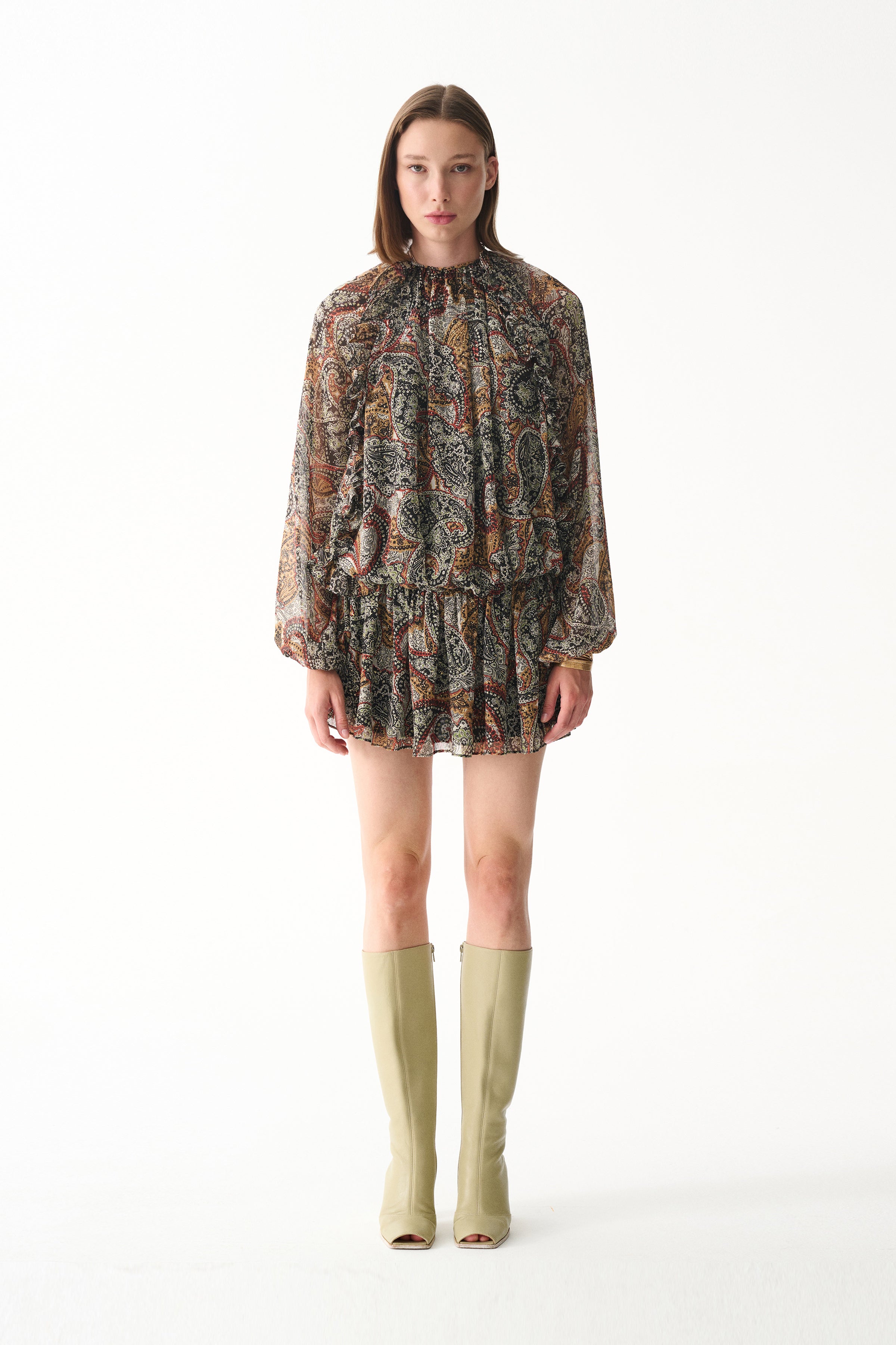 Naia-Bambi Elbise / Kahverengi şal Desenli-Elbise-1-Milagron.com