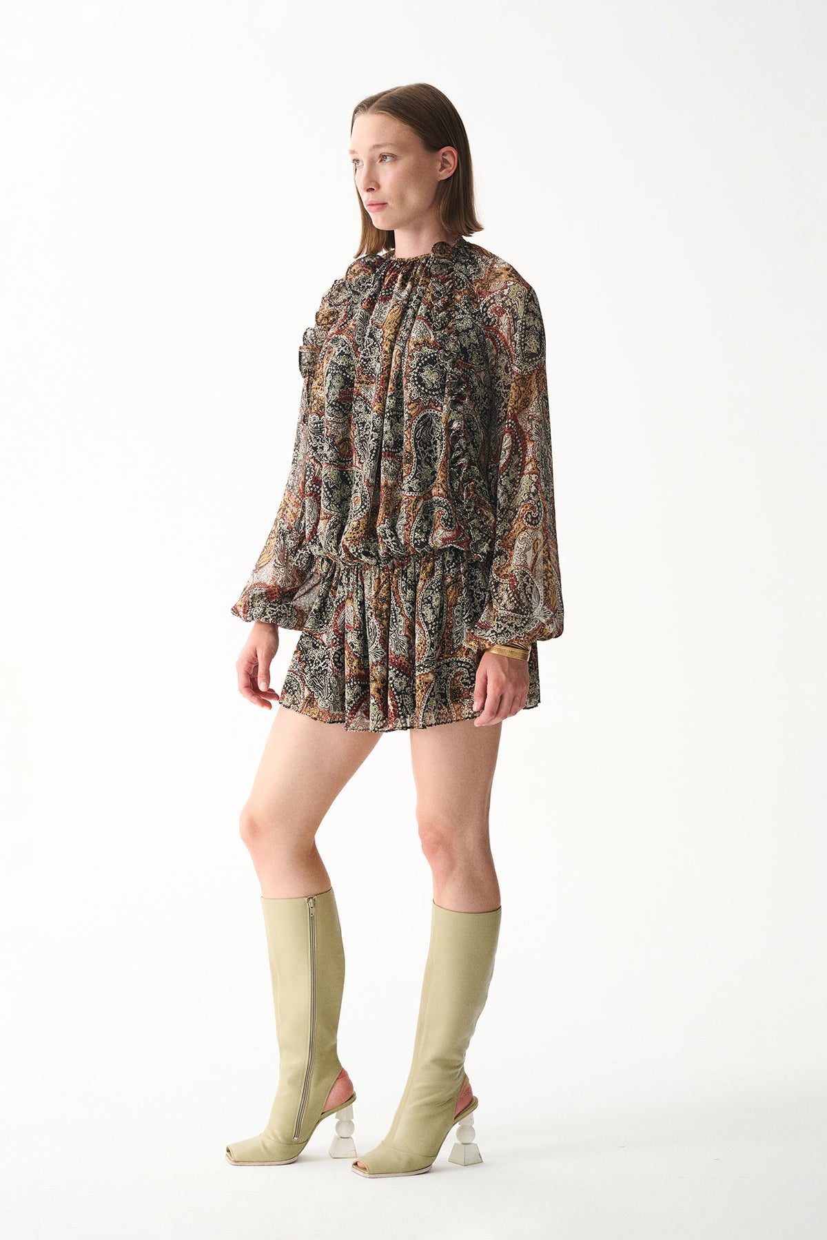 Naia-Bambi Elbise / Kahverengi şal Desenli-Elbise-4-Milagron.com