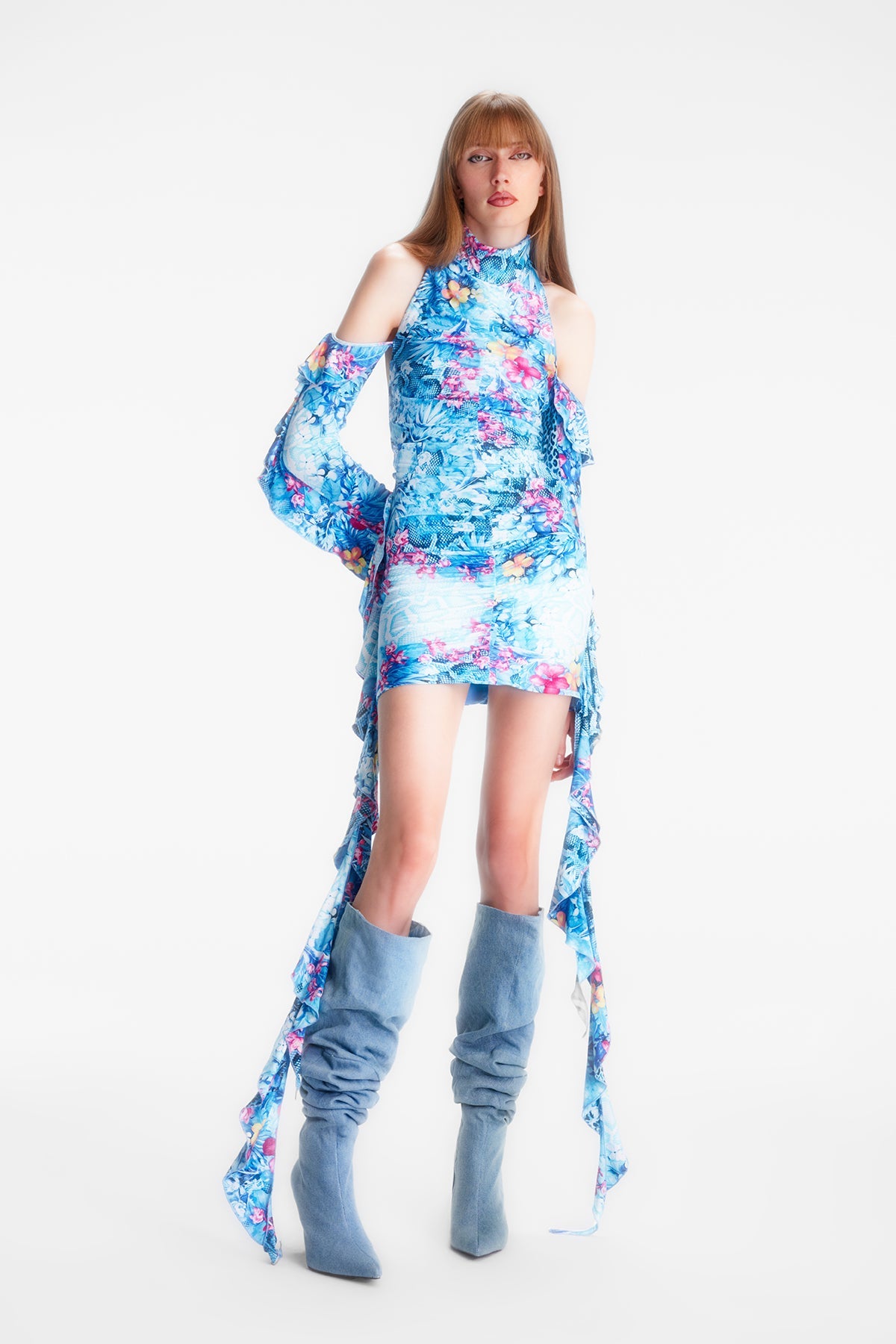 Naia-Lana Fırfırlı Elbise / Mavi̇ Çiçekli-Elbise-1-Milagron.com