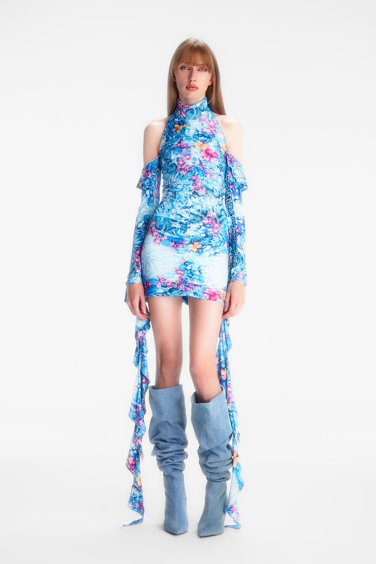 Naia-Lana Fırfırlı Elbise / Mavi̇ Çiçekli-Elbise-2-Milagron.com