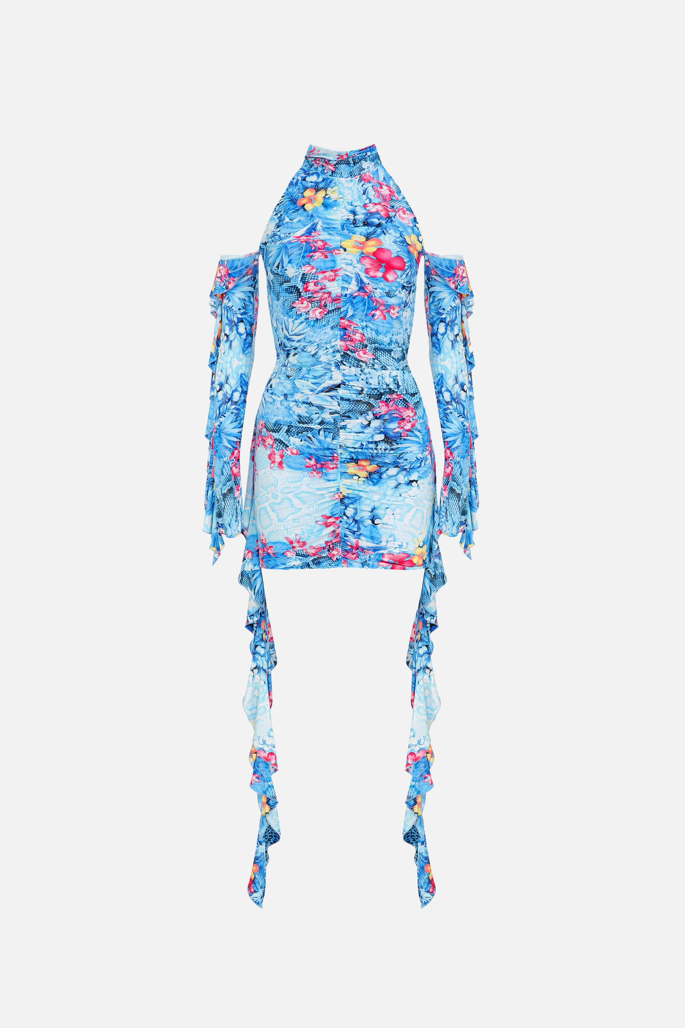 Naia-Lana Fırfırlı Elbise / Mavi̇ Çiçekli-Elbise-3-Milagron.com