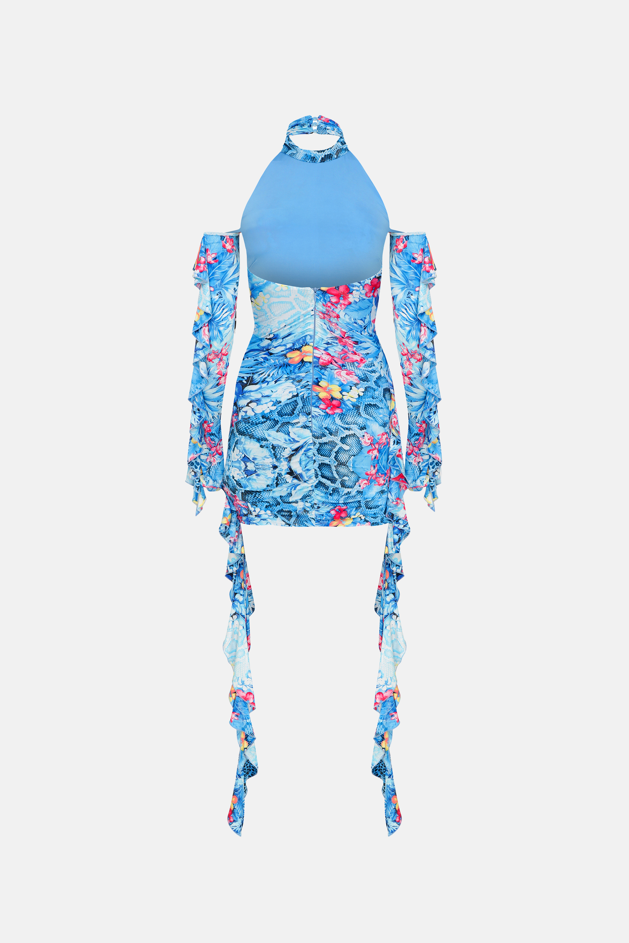 Naia-Lana Fırfırlı Elbise / Mavi̇ Çiçekli-Elbise-4-Milagron.com