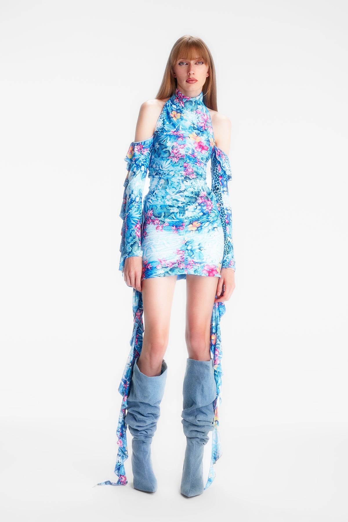 Naia-Lana Fırfırlı Elbise / Mavi̇ Çiçekli-Elbise-5-Milagron.com