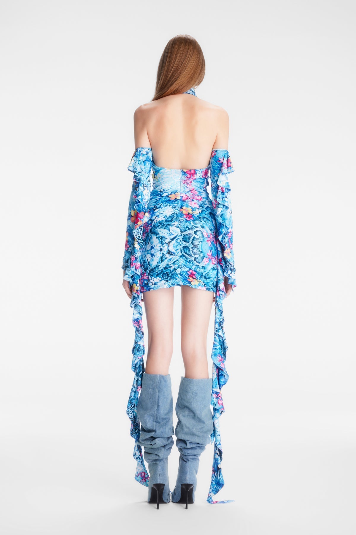 Naia-Lana Fırfırlı Elbise / Mavi̇ Çiçekli-Elbise-7-Milagron.com