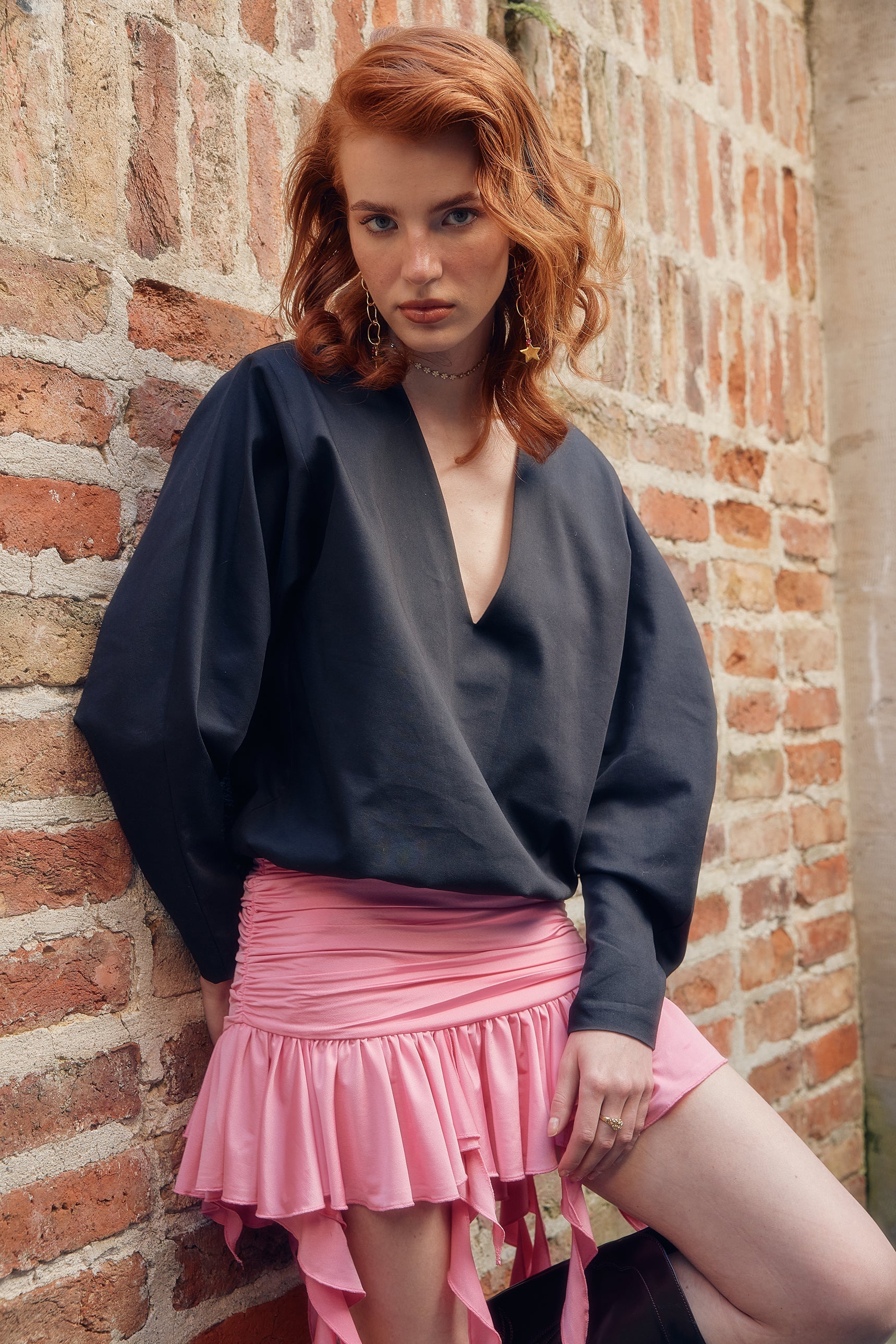 Naia-Lina Fırfırlı Elbise / Siyah Pembe-Elbise-2-Milagron.com