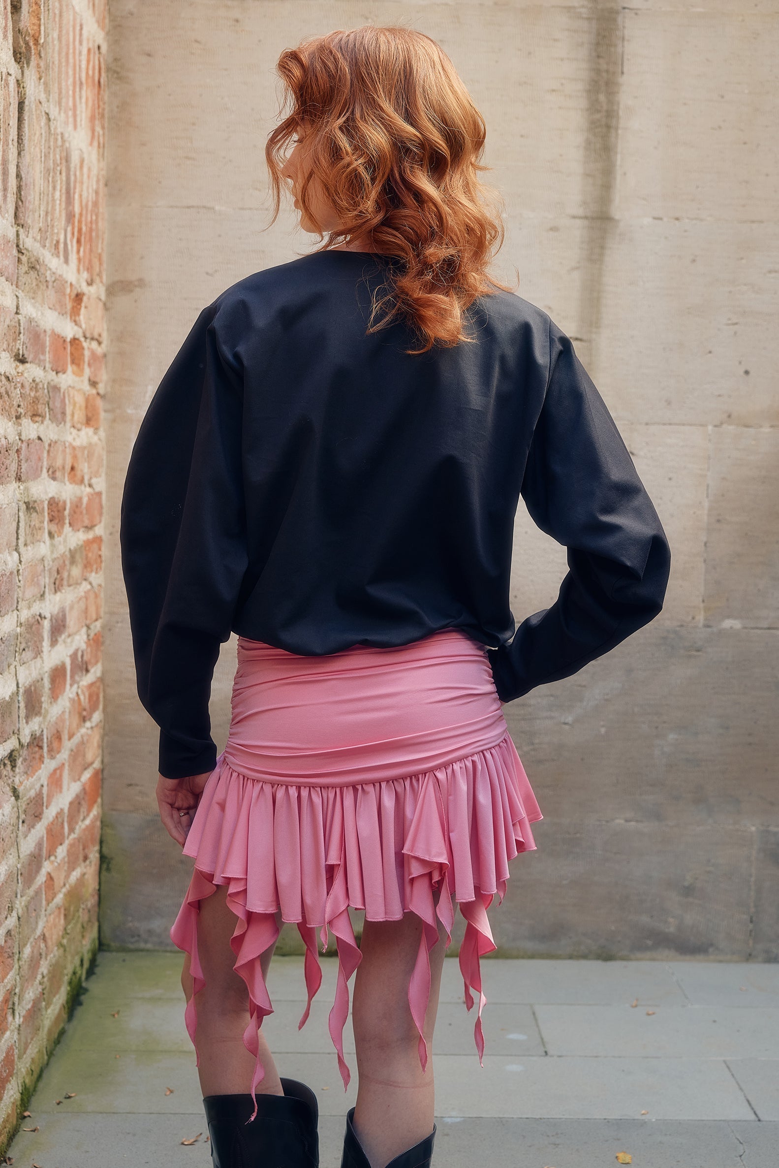 Naia-Lina Fırfırlı Elbise / Siyah Pembe-Elbise-3-Milagron.com