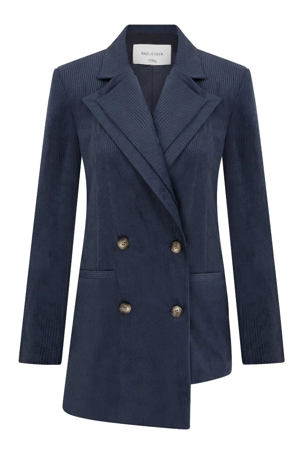Nazlı Ceren-Bicolle Asimetrik Kadife Ceket Navy Blue-Ceket-1-Milagron.com
