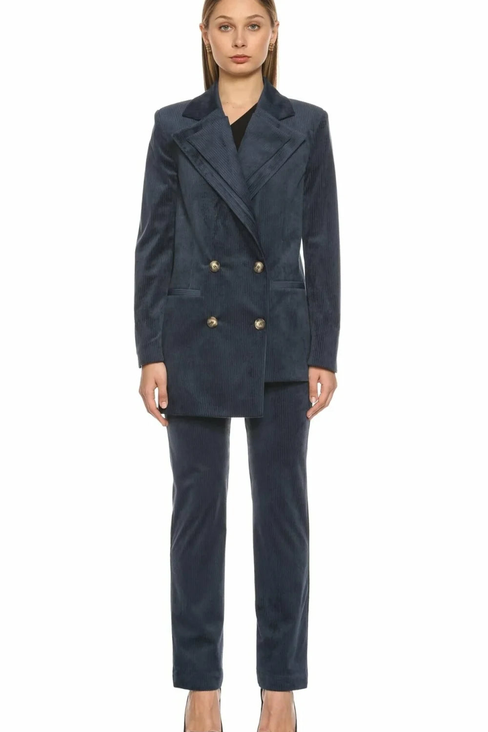 Nazlı Ceren-Bicolle Asimetrik Kadife Ceket Navy Blue-Ceket-5-Milagron.com