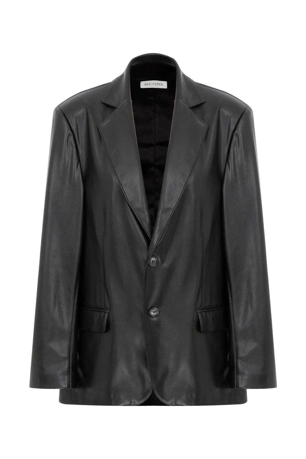 Nazlı Ceren-Boxy Vegan Deri Oversize Blazer Noire-Deri Mont-2-Milagron.com