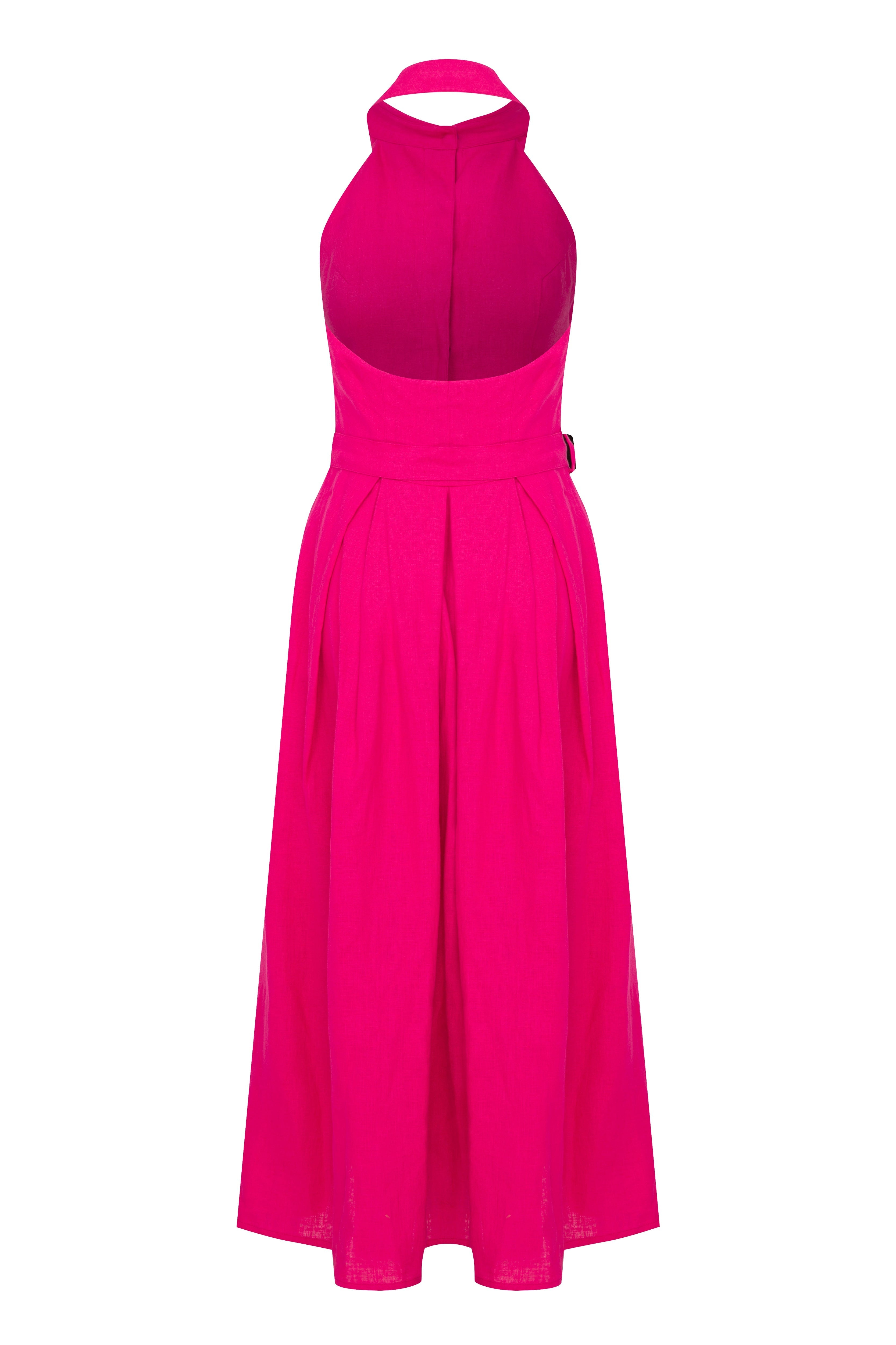 Nazlı Ceren-Carrie Midi Keten Elbise Berry Pink-Elbise-2-Milagron.com