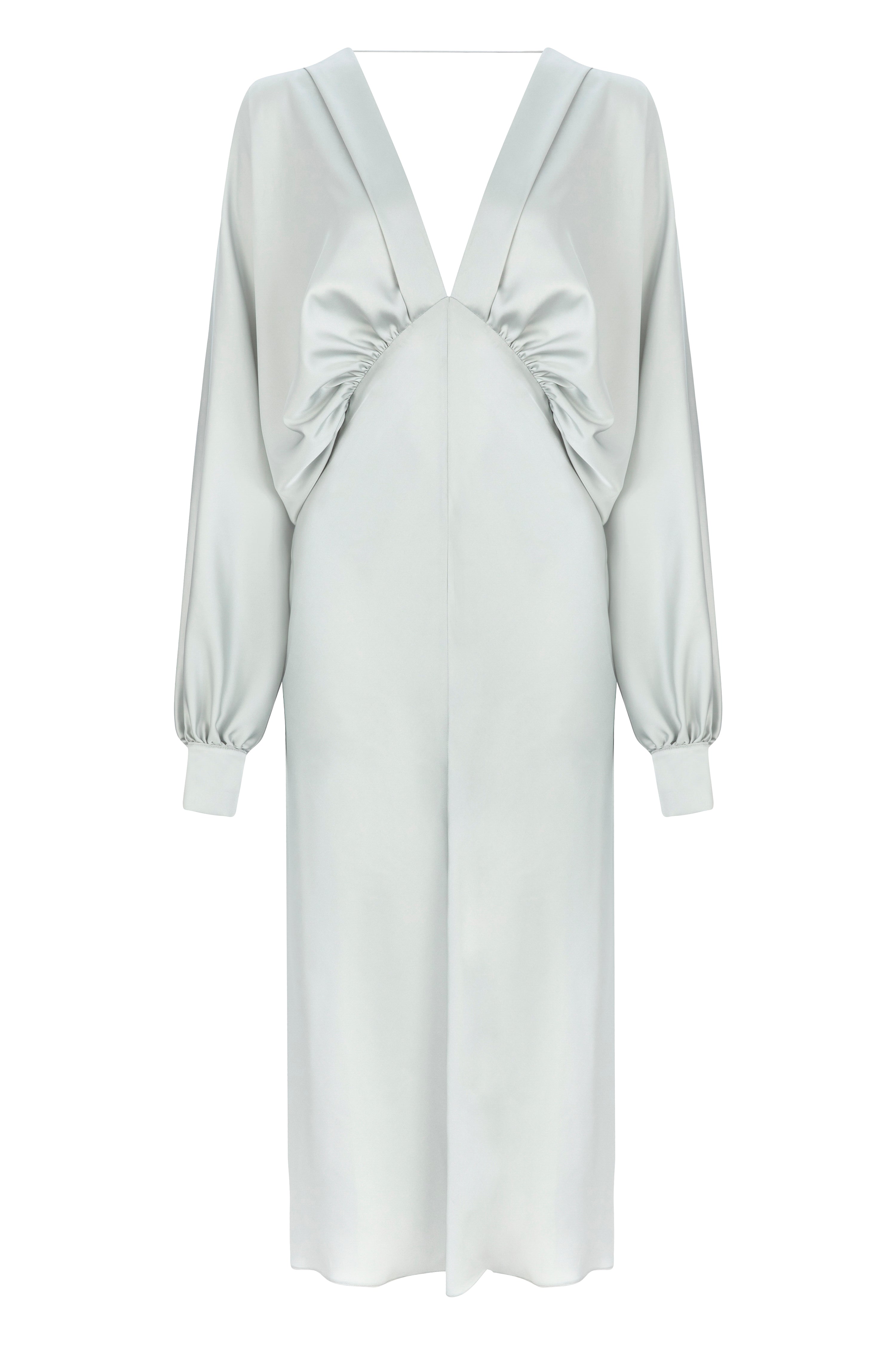 Nazlı Ceren-Mila V Yaka Saten Elbise Gri-Elbise-1-Milagron.com