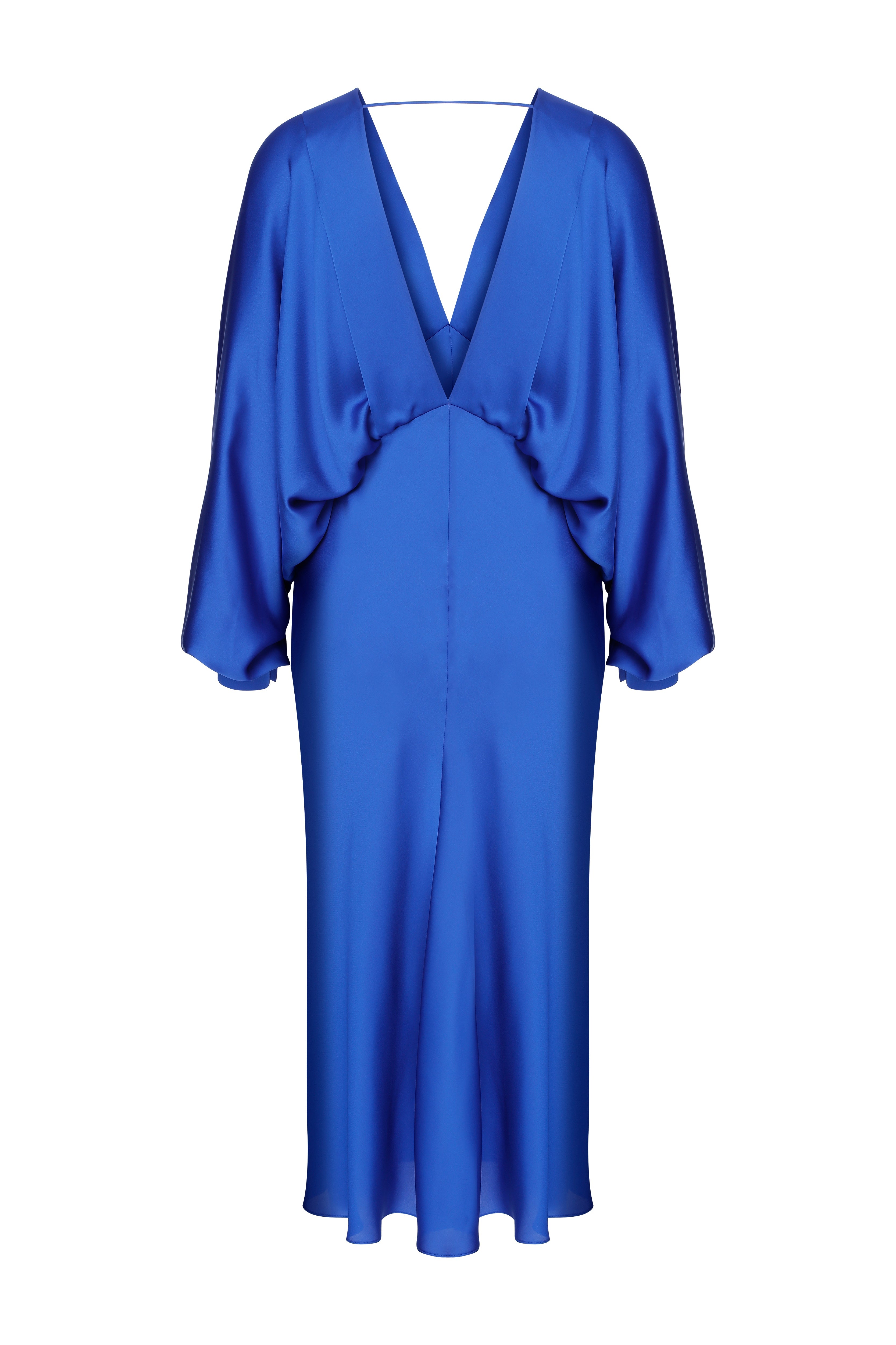 Nazlı Ceren-Mila V Yaka Saten Elbise Sax-Elbise-2-Milagron.com