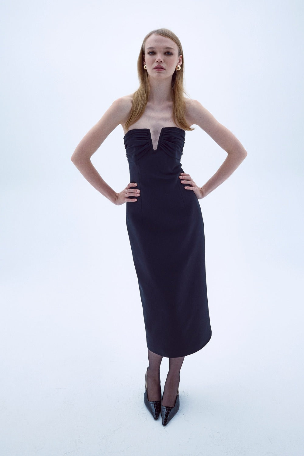 Nazlı Ceren-Miora Midi Krep Elbise Siyah-Elbise-4-Milagron.com