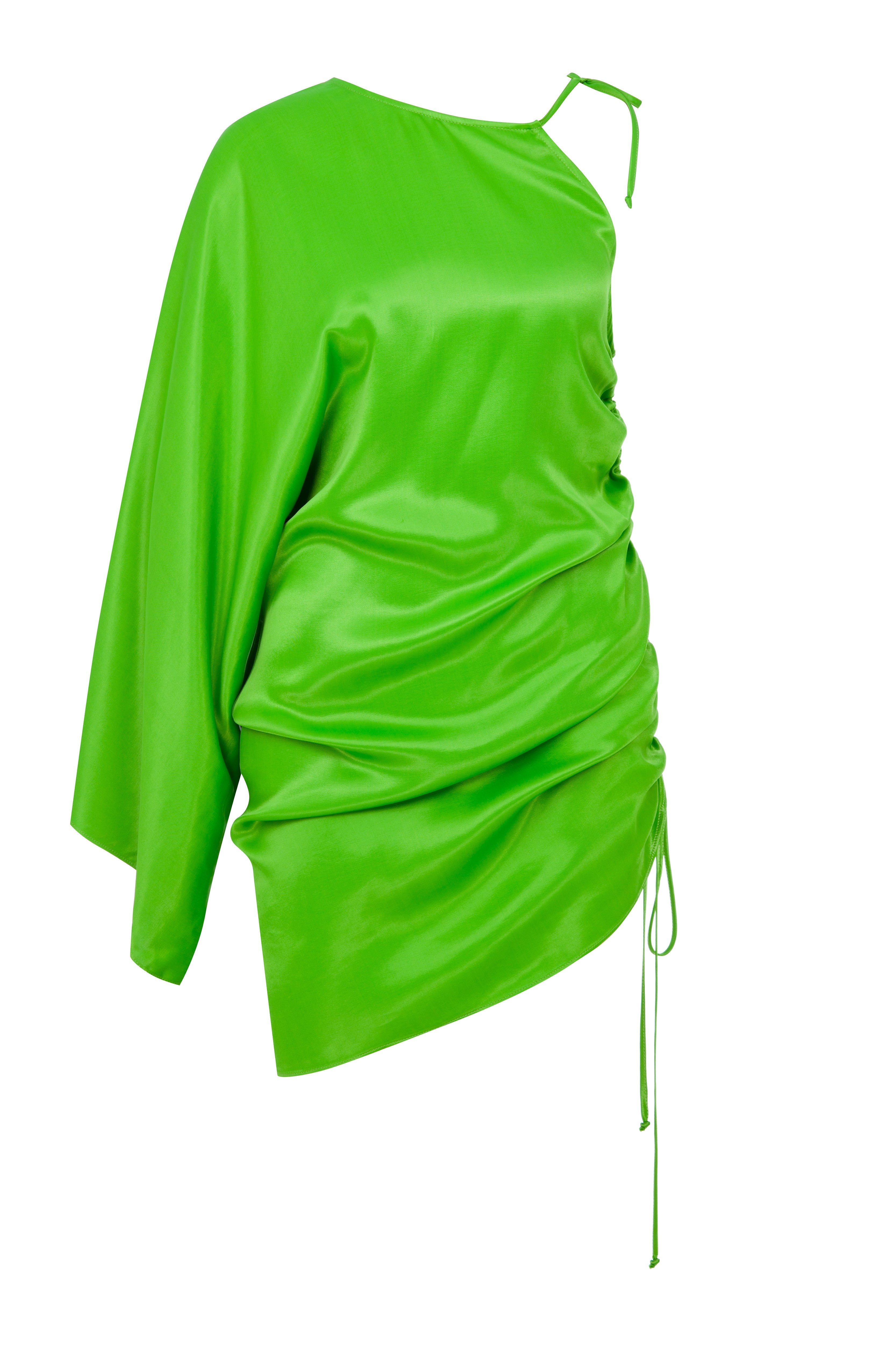 Nazlı Ceren-Rocha Asimetrik Saten Mini Elbise Jolly Green-Elbise-1-Milagron.com