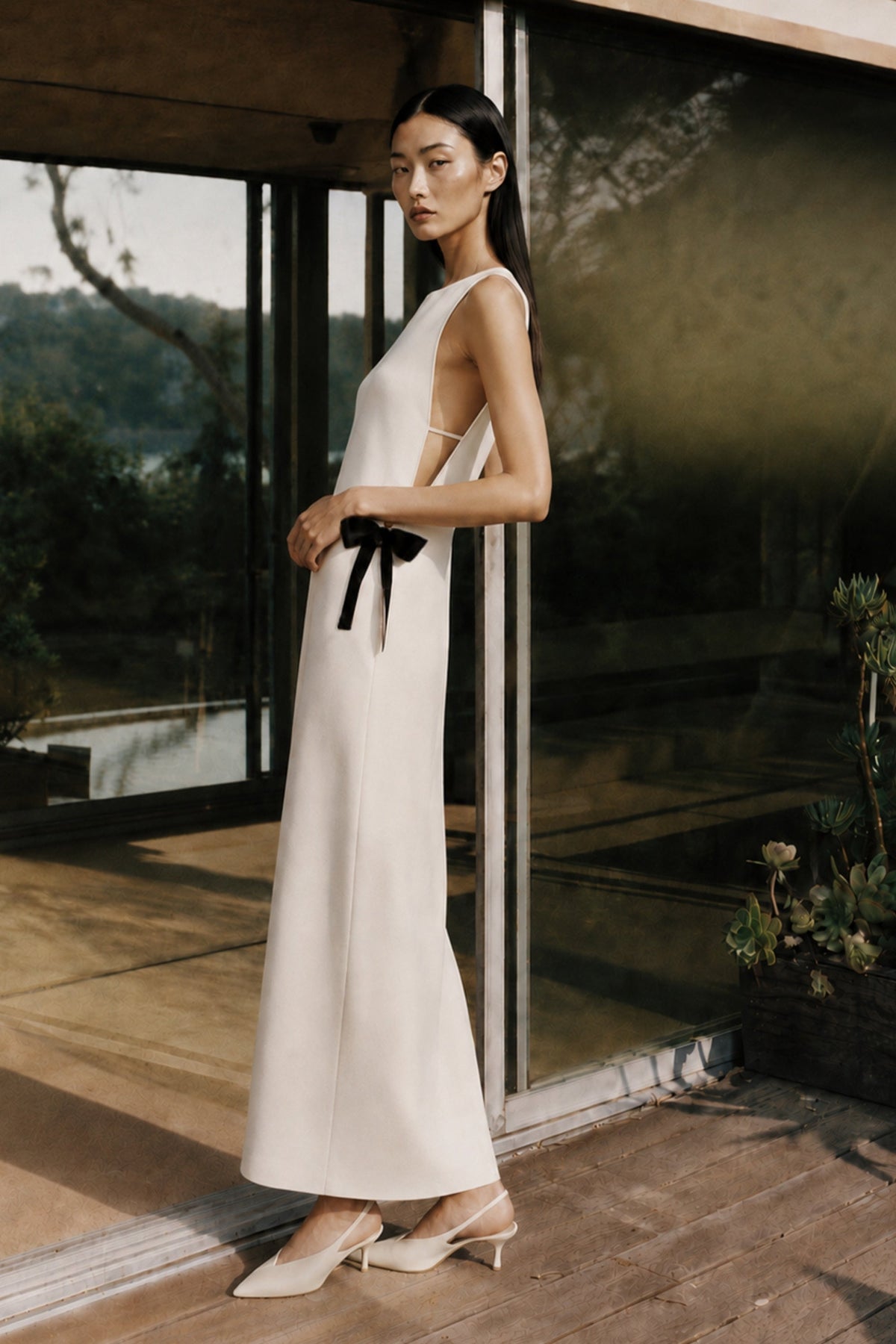 Sabine Midi Krep Elbise - Ivory Beyaz - 3