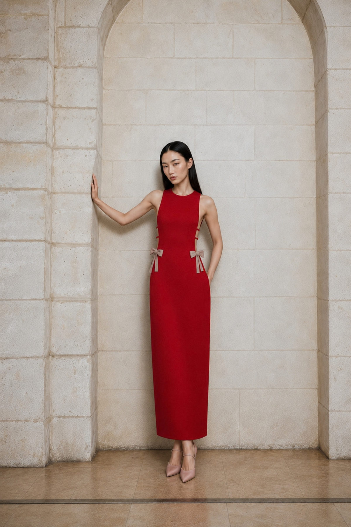 Sabine Midi Krep Elbise - Paprika Kırmızı - 3