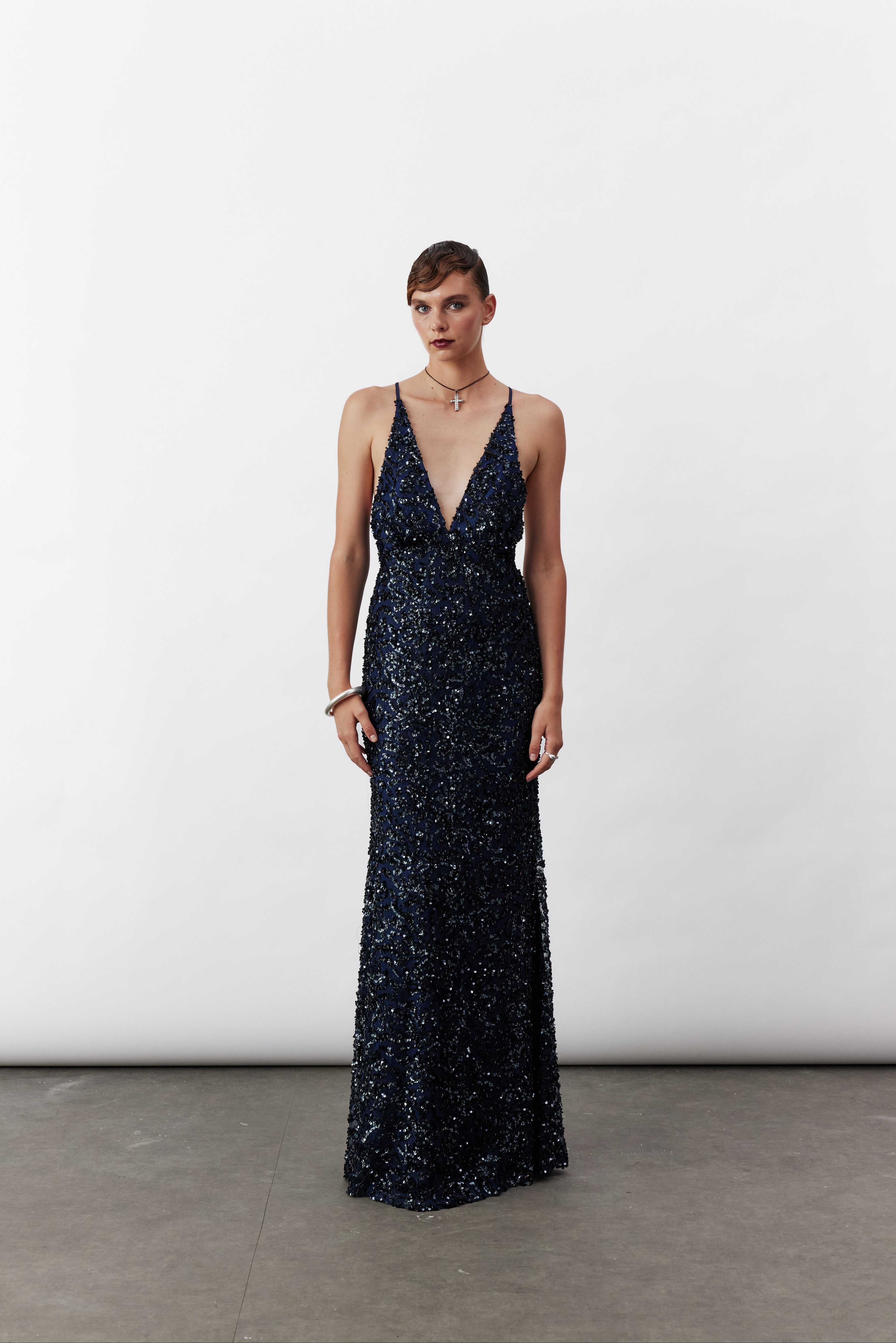 Nazlı Ceren-Selene Payetli Elbise Lacivert-Elbise-1-Milagron.com