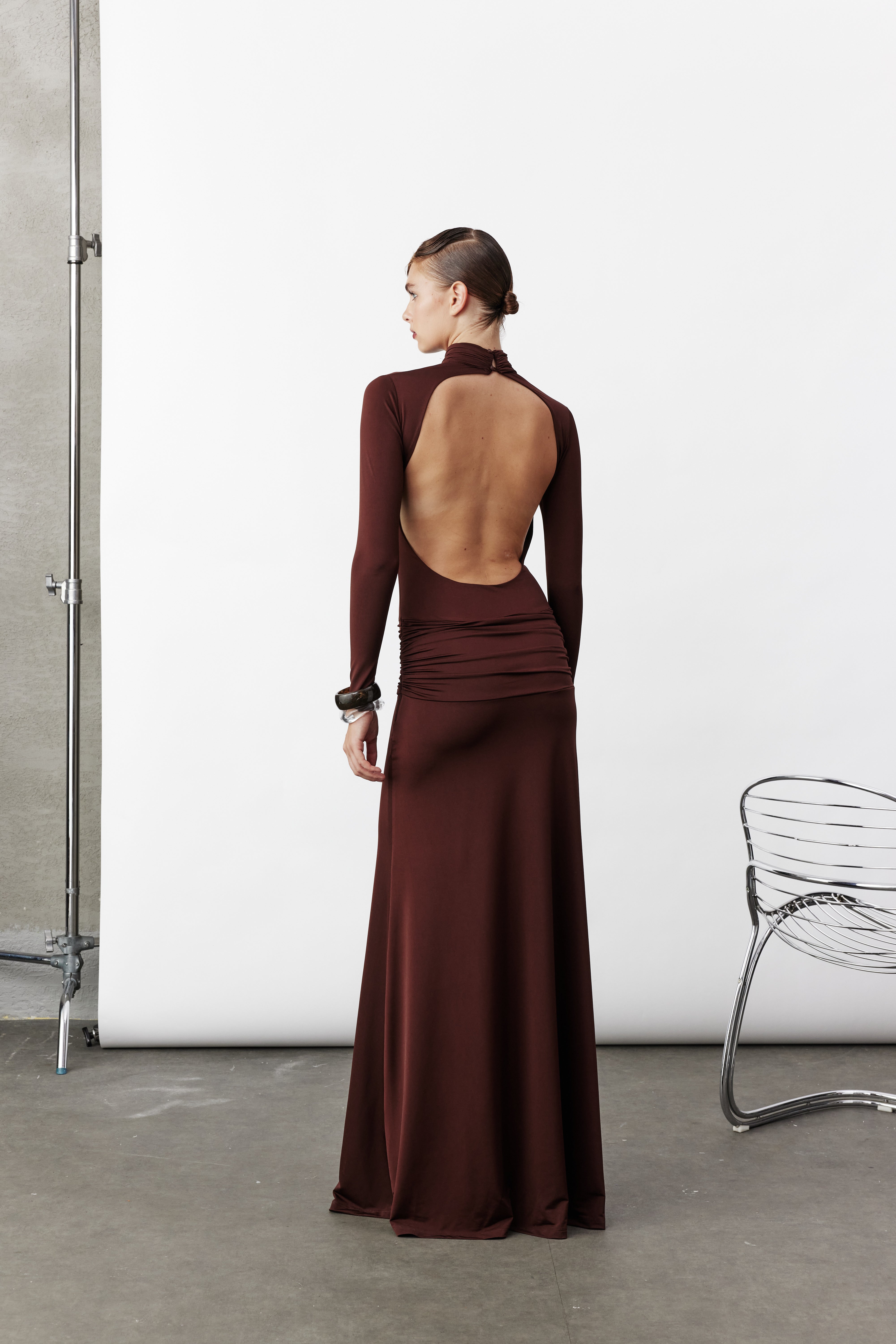 Nazlı Ceren-Sienna Uzun Jarse Elbise Kahverengi-Elbise-3-Milagron.com