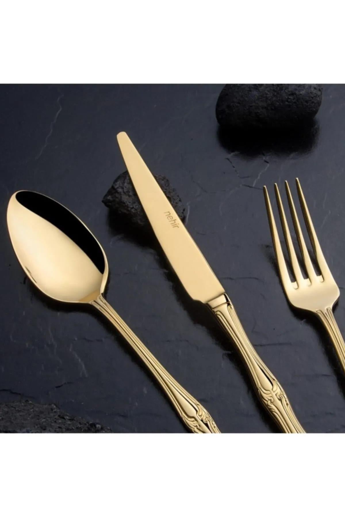 Nehir Lalezar Titanyum Gold Full Altın Parlak 89 Parça Kutulu Çatal Bıçak Set