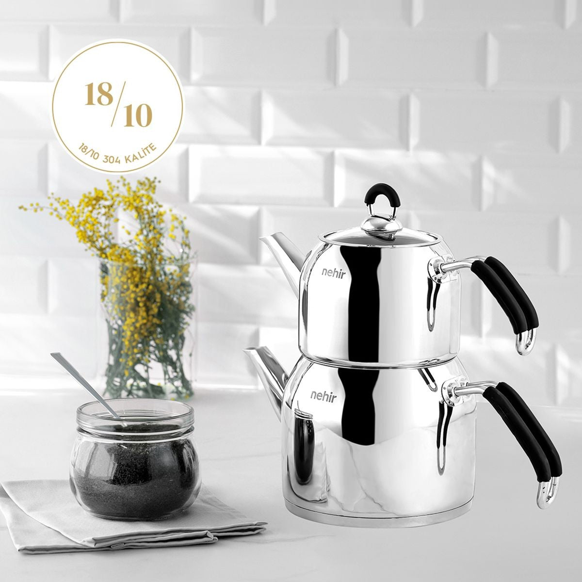 Nehir Modern Mini Çelik Çaydanlık Takımı