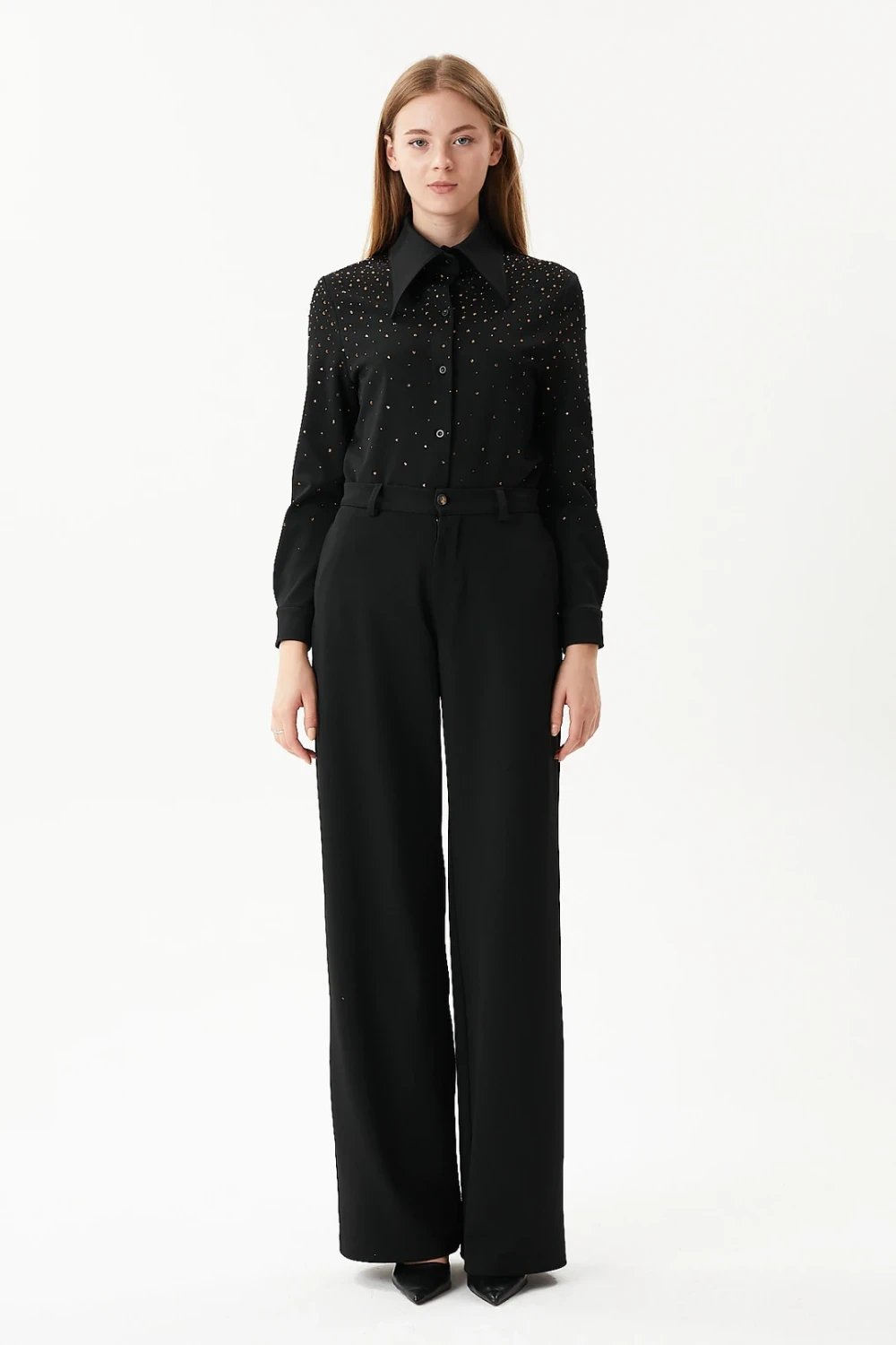 Nilgün Mirza-Boru Paça Cepli Lycralı Kumaş Pantalon-Pantolon-1-Milagron.com