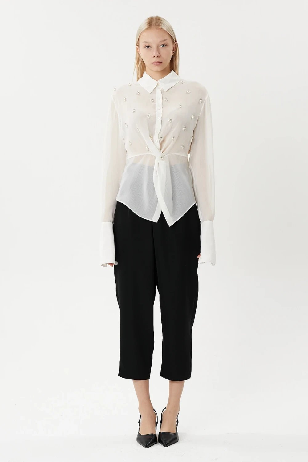 Nilgün Mirza-El İşlemesi Işıltılı Nakışlı Düğüm Detaylı Şifon Gömlek-Gömlek-2-Milagron.com