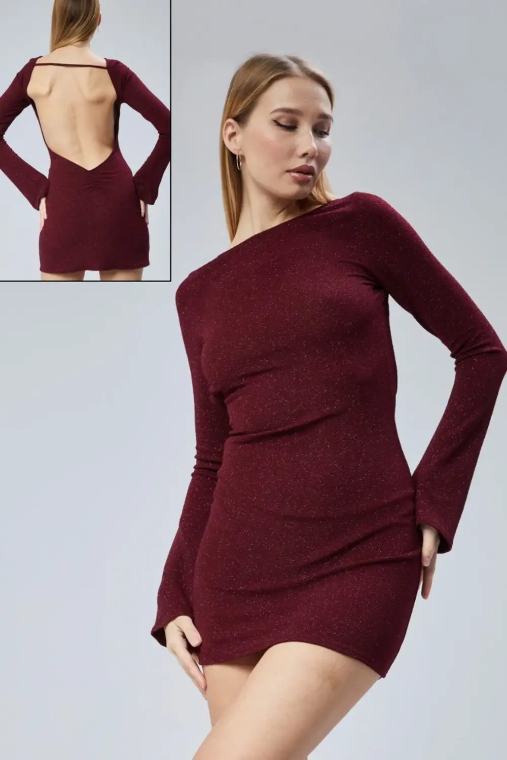 Nineteen Brand-Derin Sırt Dekolteli Simli Mini Elbise-Elbise-2-Milagron.com