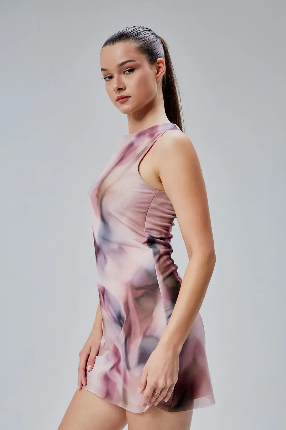 Nineteen Brand-Desenli Tül Mini Elbise-Elbise-3-Milagron.com