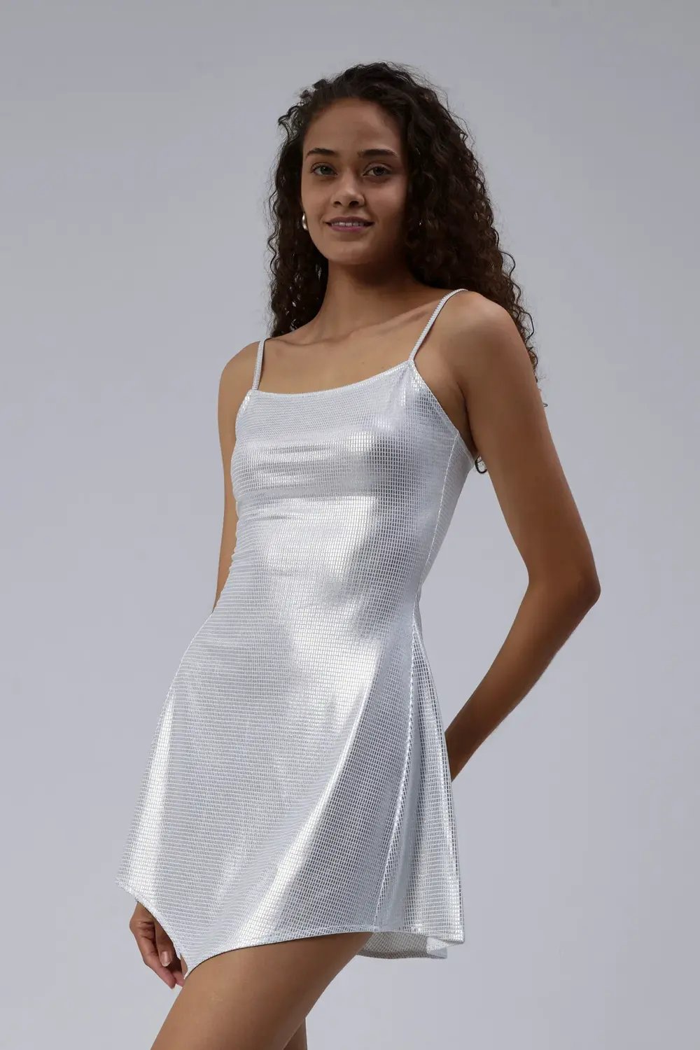 Nineteen Brand-Gümüş Baskılı Geometrik Kesim Mini Elbise-Elbise-4-Milagron.com