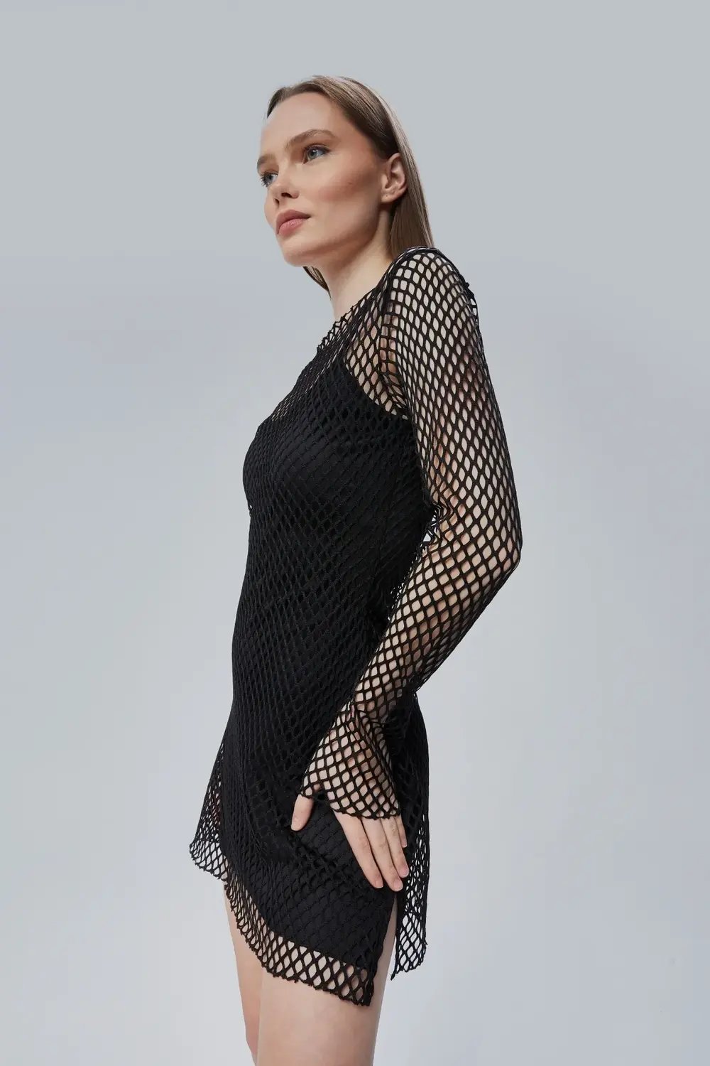 Nineteen Brand-Hex - Uzun Kollu Mini File Elbise-Elbise-4-Milagron.com