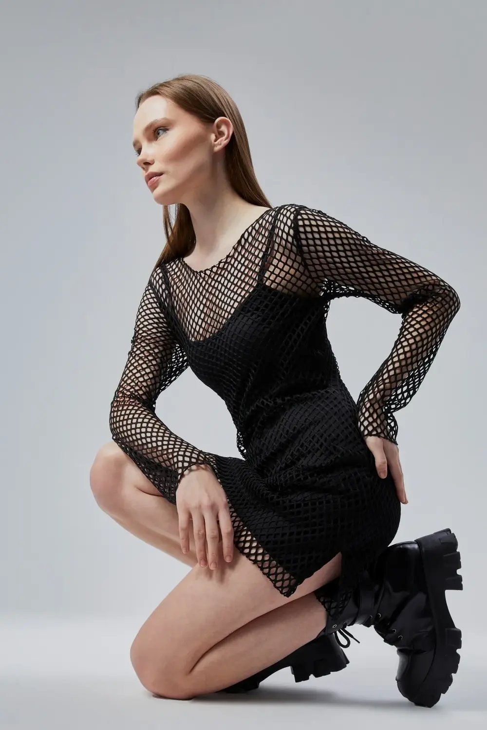 Nineteen Brand-Hex - Uzun Kollu Mini File Elbise-Elbise-5-Milagron.com