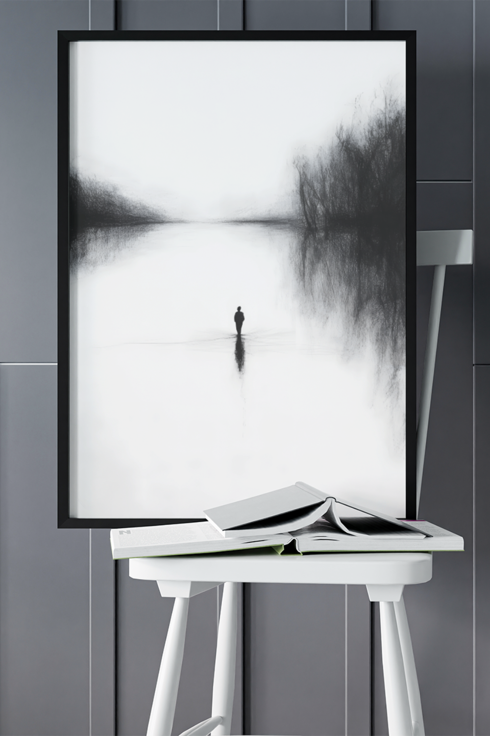 Nord Design-Kara Kalem Seri̇si̇ Çerçeveli̇ Tablo - Nehi̇rde Yalniz Adam-Tablo-2-Milagron.com