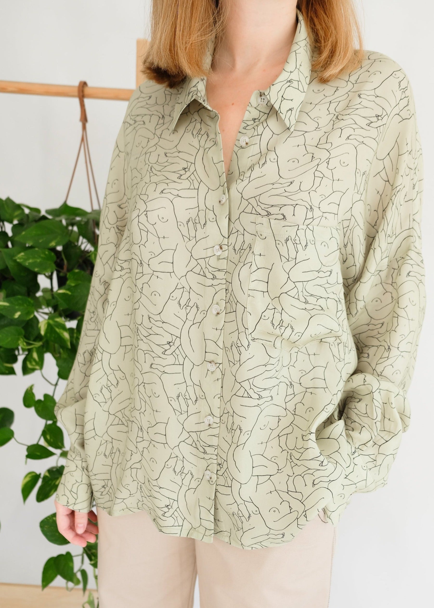 Oh Seven Days-Monday Marwa Sage: Illustrated Vegan Silk Boxy Blouse-Tops-1-Milagron.com