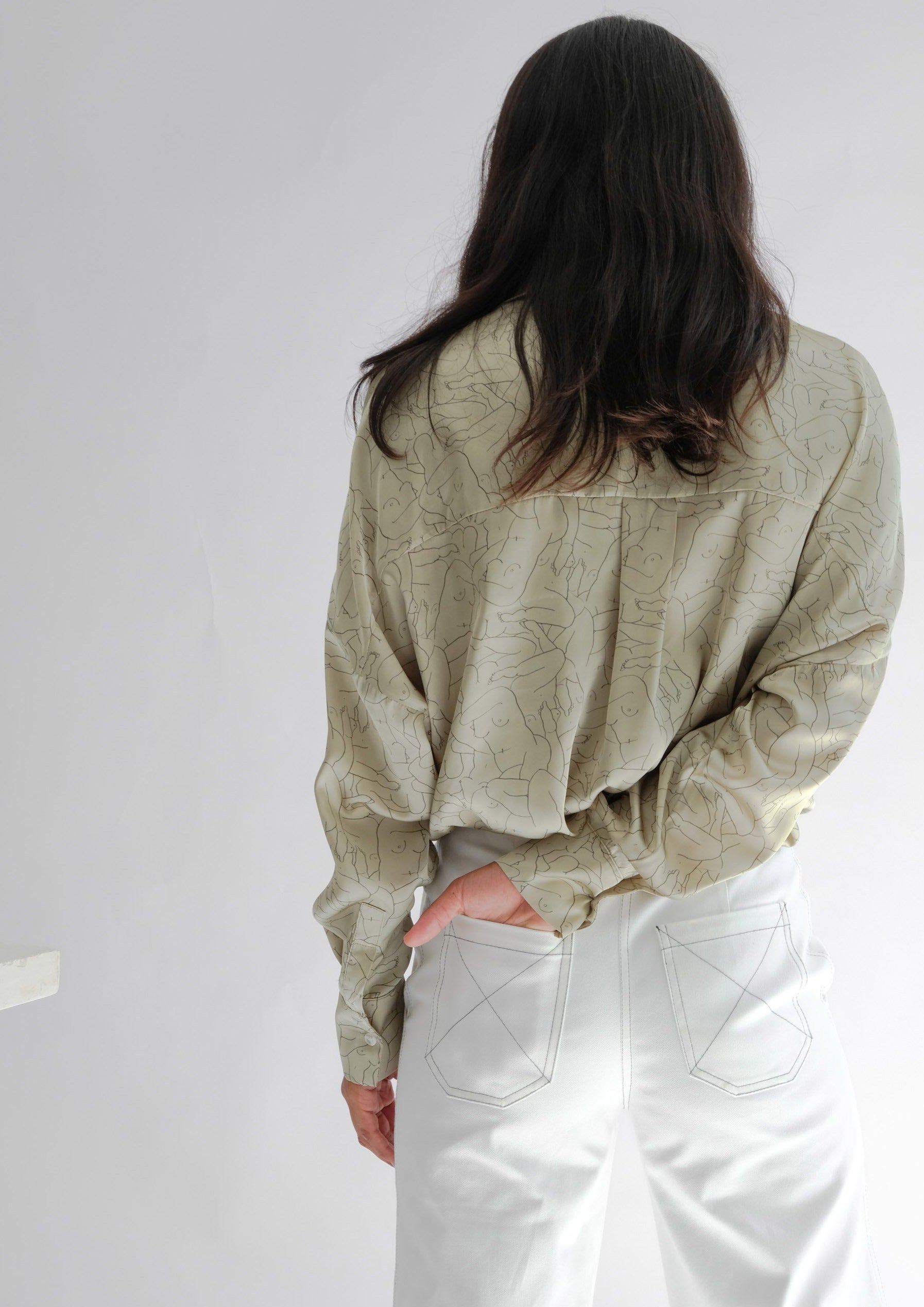 Oh Seven Days-Monday Marwa Sage: Illustrated Vegan Silk Boxy Blouse-Tops-9-Milagron.com